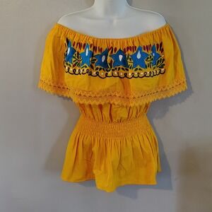 Yellow Embroidered Off Shoulder Tunic Top Floral Smocked Waist peasant hippy